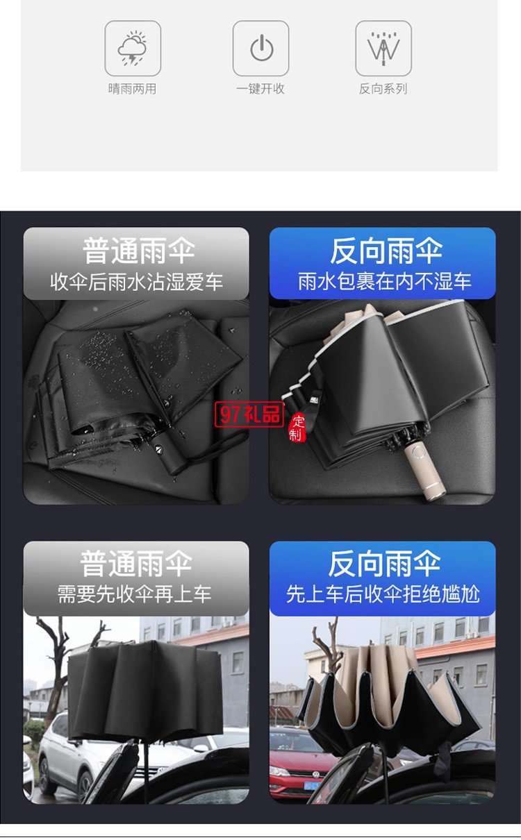 全自動(dòng)反向晴雨兩用LED手電筒太陽傘廣告防曬印logo遮陽ins雨傘