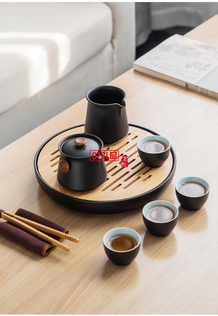 茶具套裝 實(shí)用日式簡(jiǎn)約黑陶瓷辦公室家用客廳干泡小型小套帶茶盤(pán)